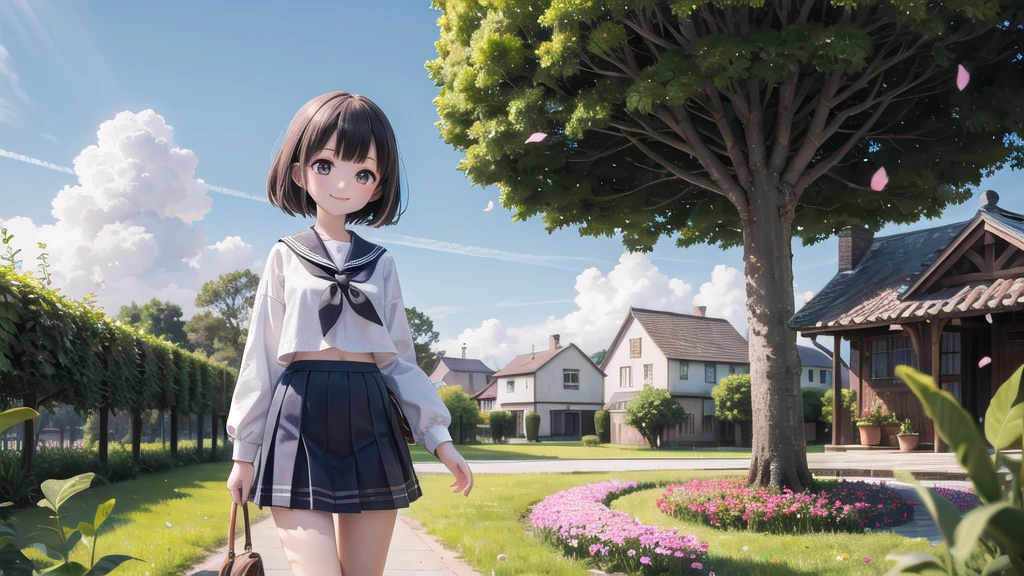 (masterpiece), town, blue sky, One Girl, smile, alone, Sailor suit、Long skirt, Overgrown, petal, plant、Skirt lining、Translucent slip、Nostalgic