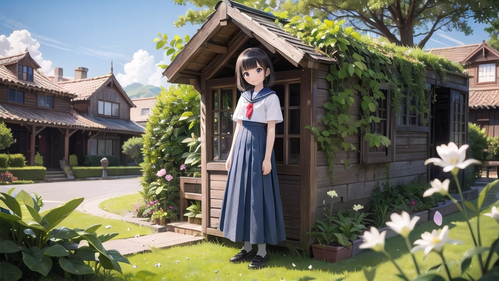(masterpiece), town, blue sky, One Girl, smile, alone, Sailor suit、Long skirt, Overgrown, petal, plant、Skirt lining、Translucent slip、Nostalgic