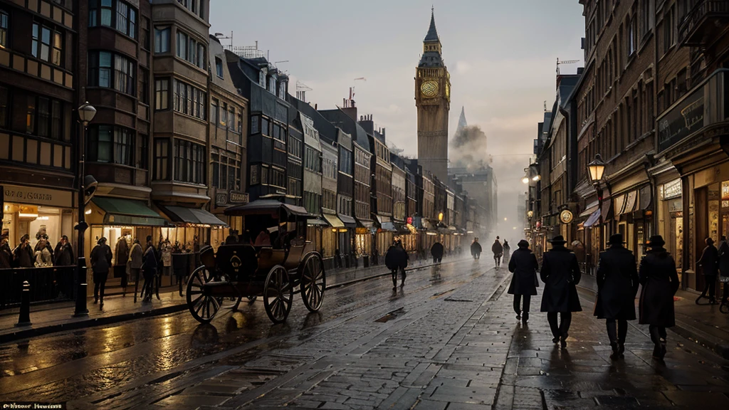 A foggy Victorian London street at night, cobblestone roads glistening with moisture, illuminated by gas street lamps casting a warm, golden glow. Horse-drawn carriages trundle along the road, their wheels echoing against the cobblestones. Tall, narrow buildings with ornate facades line the street, their windows adorned with wrought-iron balconies. Gentlemen in top hats and long coats, and ladies in elegant dresses with parasols, stroll along the sidewalks. In the distance, the iconic silhouette of Big Ben rises above the mist, its clock face dimly visible. The entire scene exudes a sense of historical charm and mystery, reminiscent of a Sherlock Holmes adventure.