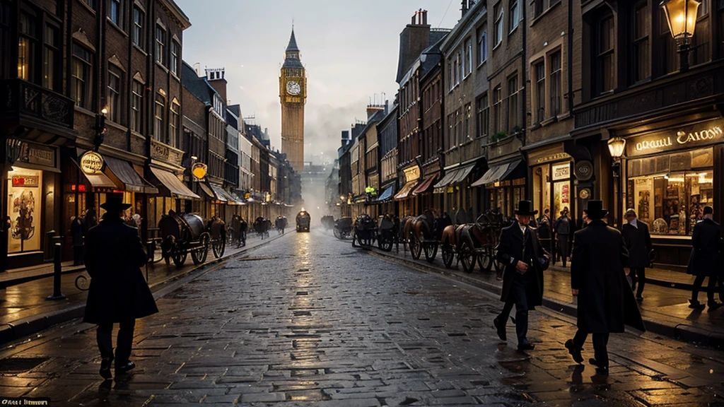 A foggy Victorian London street at night, cobblestone roads glistening with moisture, illuminated by gas street lamps casting a warm, golden glow. Horse-drawn carriages trundle along the road, their wheels echoing against the cobblestones. Tall, narrow buildings with ornate facades line the street, their windows adorned with wrought-iron balconies. Gentlemen in top hats and long coats, and ladies in elegant dresses with parasols, stroll along the sidewalks. In the distance, the iconic silhouette of Big Ben rises above the mist, its clock face dimly visible. The entire scene exudes a sense of historical charm and mystery, reminiscent of a Sherlock Holmes adventure.
