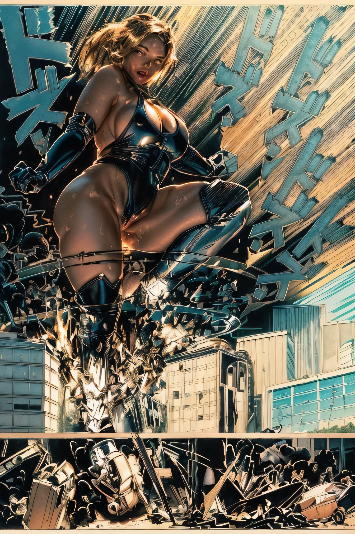 A cartoon photo of a giant naked woman marching through a big city at daytime, destroying buildings, Giant girl art, Genitals are visible, Her thin bikini is digging into her genitals, The shape of the genitals is clearly visible, Sweaty skin, Sweaty, Destruction debris blows up, Shiny black knee-high boots, Shiny black bikini, Bikini crotch digging into pussy,A crowd of people fleeing in the foreground,Refugees in front,Automobiles trampled,Midsummer beach sunlight,Cartoon panel layout