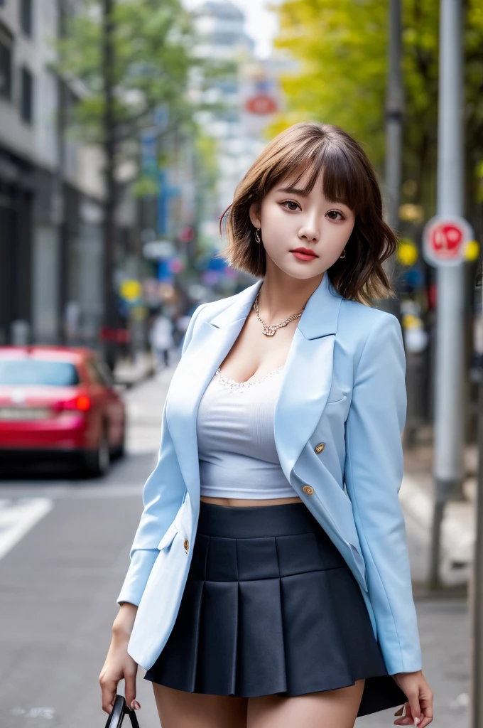 a 18 year old face of the most beautiful actress in the world, the perfect body proportions of a female, blazer is tight thanks to large breasts of a female, panties between bare legs are almost seen thanks to skirt is too short, the short hair cut of a female is just like male one, blazer is worn on blouse, standing, at the city street, nsfw, best quality, highly detailed, masterpiece, ultra high res, photo realistic, 8k