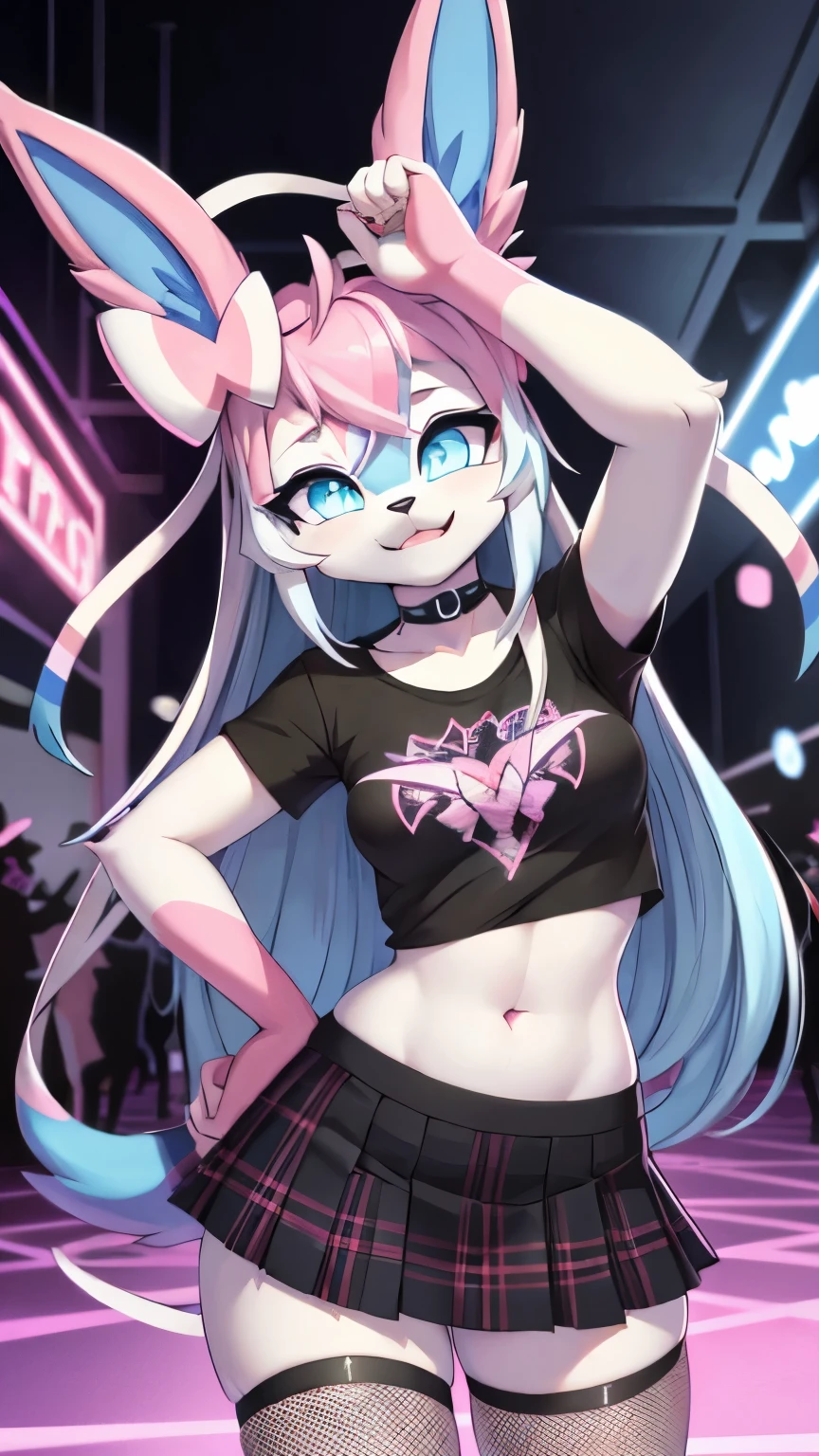 best quality,best resolution,(fluffy anthro furry :1.3),Sylveon,cyan eyes,glowing eyes,neon eyes,glistering eyes,medium breasts,(party club),eye close,looking at viewer,front view,Sylveon,teenager (18 years old),(neon lights,party rave),long hair,(punk),plaid skirt,fishnets,black t-shirt,choker,multicolored hair,(bent over)