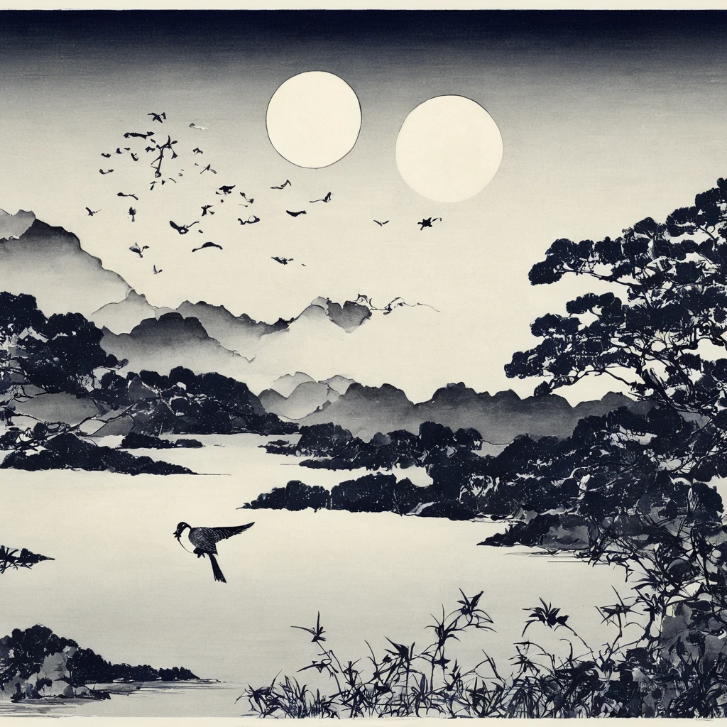 bird、lake、moon、star、Monochrome