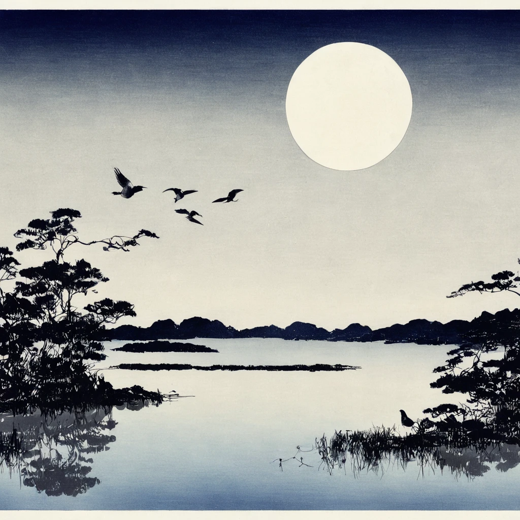 bird、lake、moon、star、Monochrome