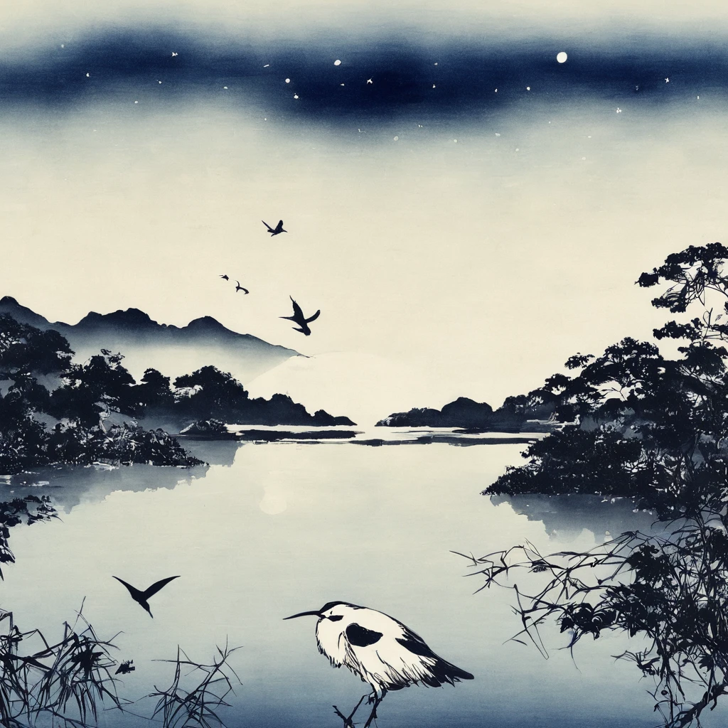 bird、lake、moon、star、Monochrome