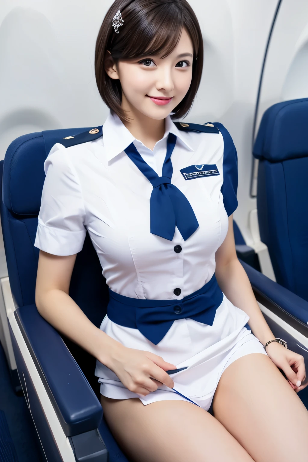 4k, high quality, beautiful lighting, soft lighting, realistic, natural short black hair, red eyes, y, bighick thighs, wide hips, girl in blue and white flight attendant uniform, Toned muscles, blue and white flight attendant uniform, ornate, jewelry, natural flow, hair accessories, (on the plane), (Beautiful smile), (Open your legs and show me your crotch, see your underwear)