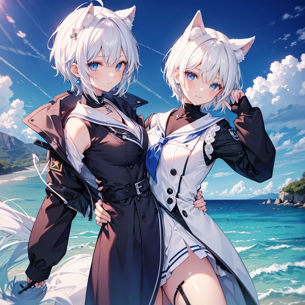 White Hair　blue eyes　short hair　Have　student　Cat ear　nice　Blue Earrings　necklace　gloves　beauty　thin　Sailor suit　Put on a black coat　Fantasy　smile　coastal　sunset　Fluffy hair