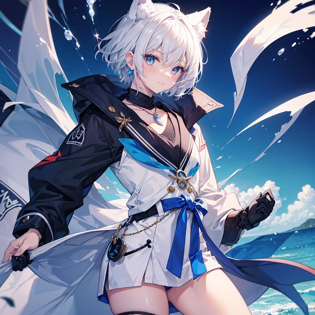 White Hair blue eyes short hair Have student Cat ear nice Blue Earrings necklace gloves beauty thin Sailor suit Put on a black coat Fantasy smile coastal sunset Fluffy hair