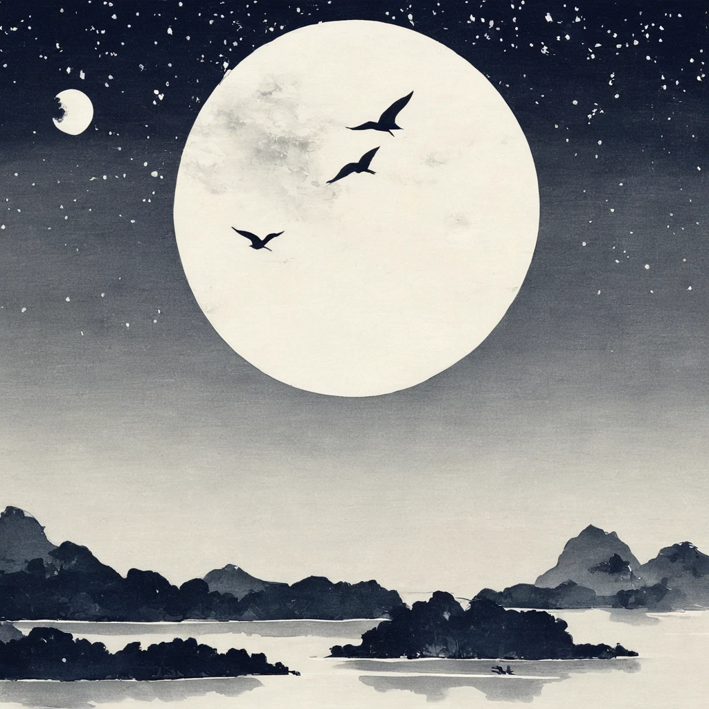 bird、lake、moon、star、Monochrome