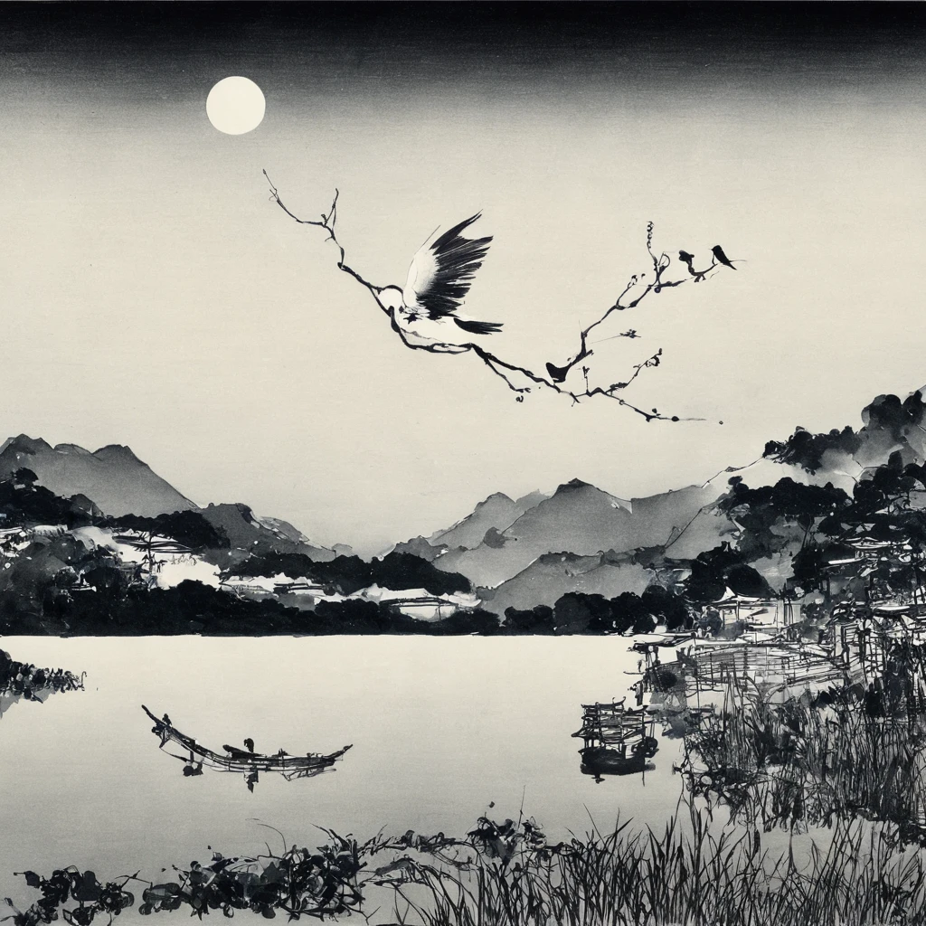 bird、lake、moon、star、Monochrome