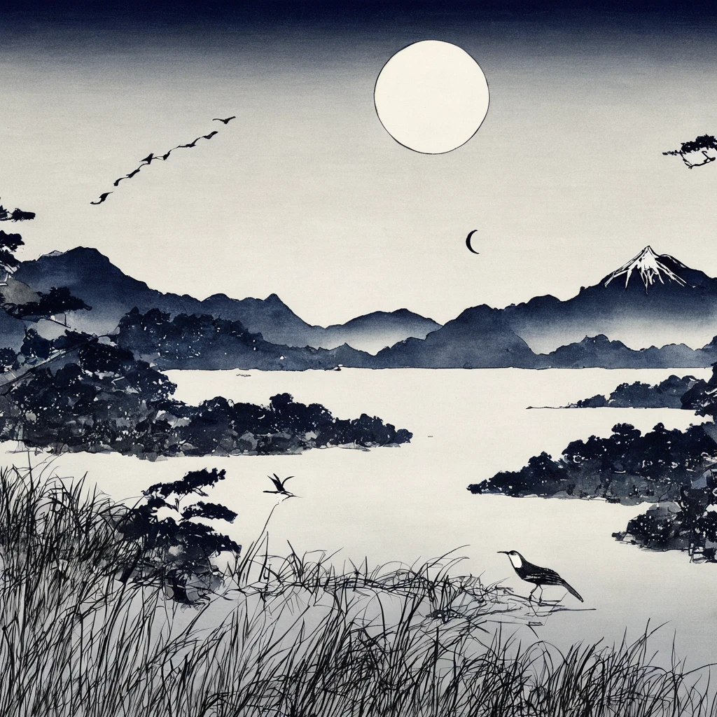 bird、lake、moon、star、Monochrome