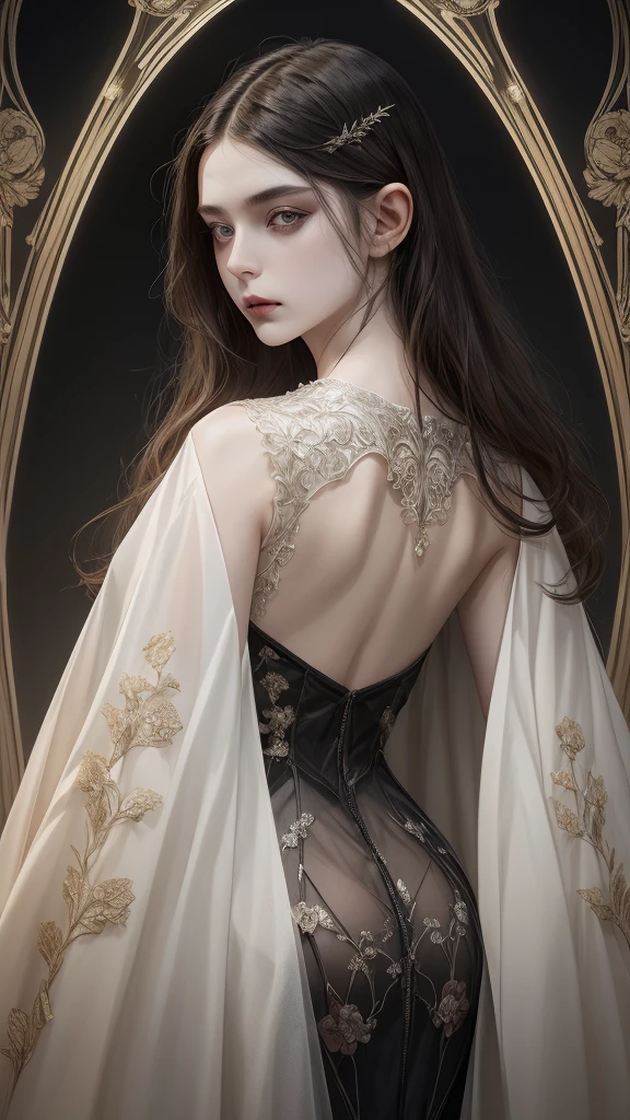 Basic Art Nouveau, (((Women))), A Vampire Woman tarot card, Woman, Perfect face, YOUNG, (((Oval face))), dark clothes, soft and melancholic facial features, delicate, without wrinkles, Gothic style, perfect eyes and face, detailed, brown hair and blue eyes, hybrid synthwave and Art Nouveau style, bold and fluid lines, dynamic composition mixing organic Art Nouveau patterns, intricate roses and geometric shapes, stained glass, Figure with a mystical and gothic air, serene expression, robes adorned with Art Nouveau-inspired patterns, digital grid landscapes accented with natural shapes, neon outline effects reminiscent of stained glass, black background, high contrast for easy coloring, visual clarity, French Art Nouveau, 80's Vaporwave art style. minimalist detail