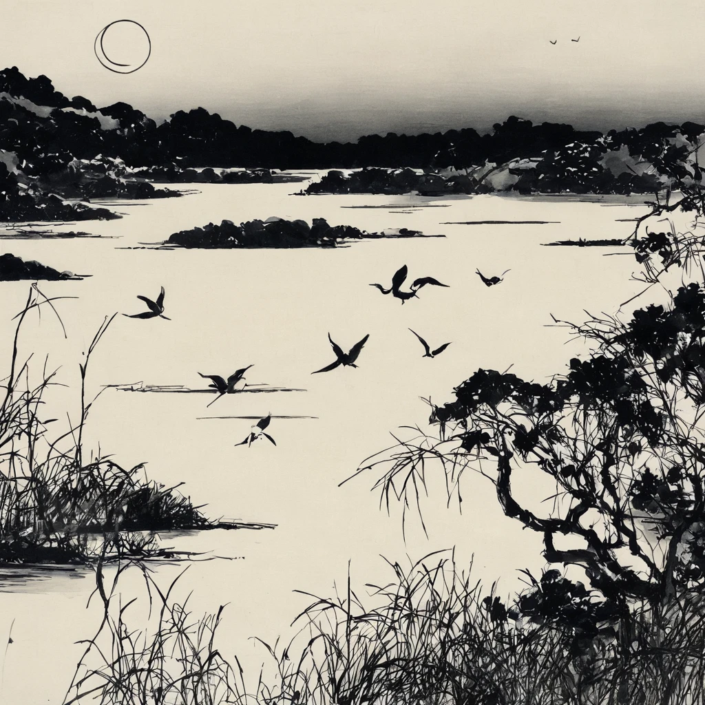 bird、river、moon、star、Monochrome