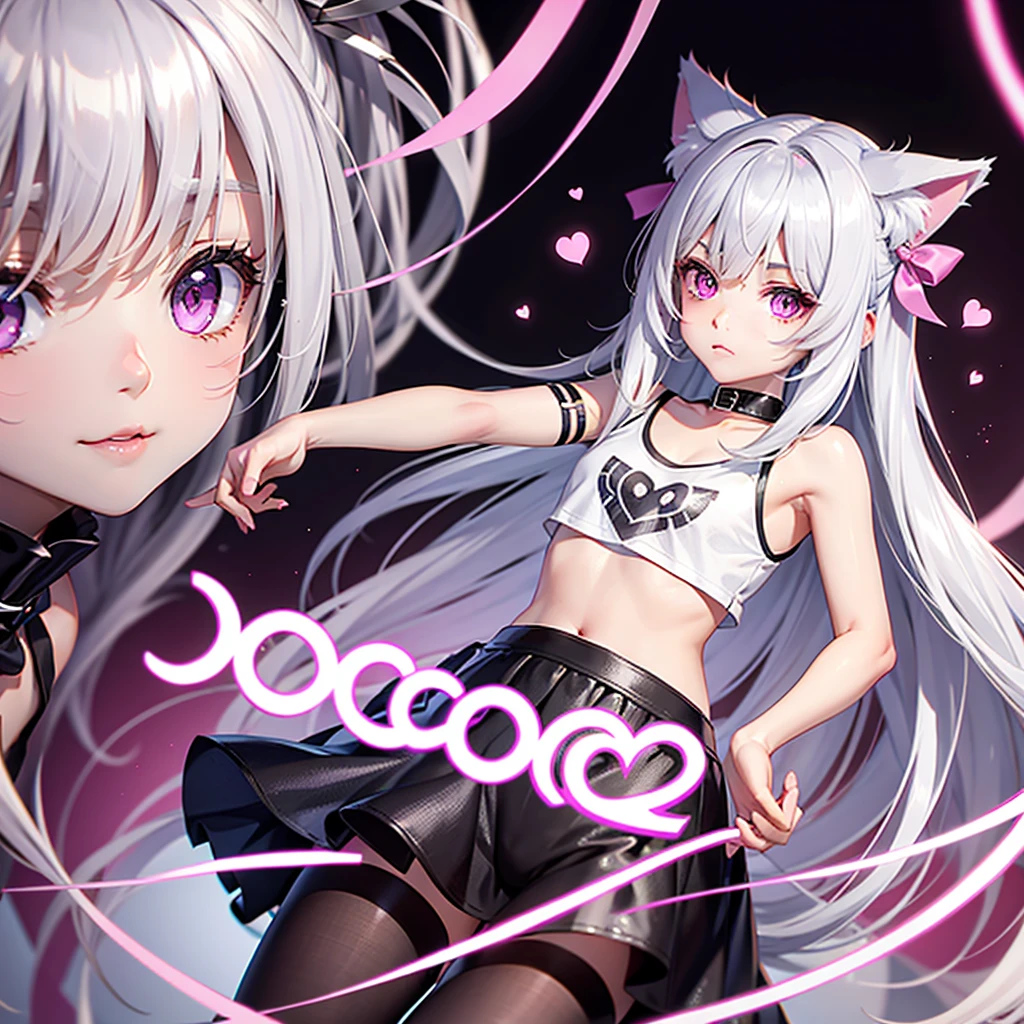 Silver hair, pink eyes, body, cat ears, cute girl, hair bow, heart fantasy background, t-shirt