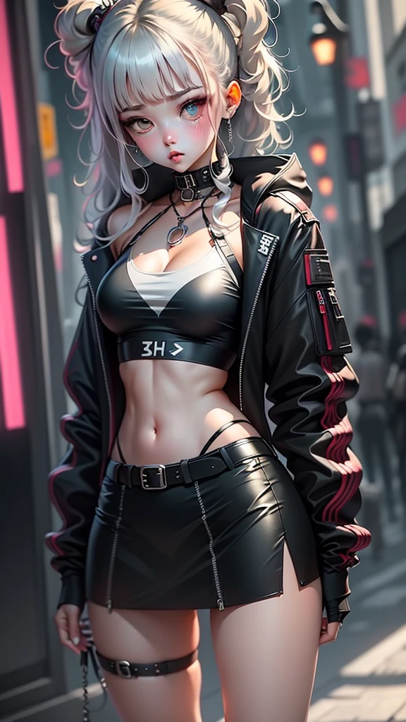 The character costume is KPOP, Hallyu, K-pop anime art style, Hallyu frontline style, Hallyu art style, kpop style, official artwork, Chibi art, Pisif, Blackpink style, cute. KPOP artwork in various poses, The popularity of Pisif art station, 16 year old chibi, No watermark, Extra close-fitting mini skirt, open jacket, extra short clear top Strapless, cleavage, style clothing cyberpunk, smallest short short, wide angle, short top, very short,