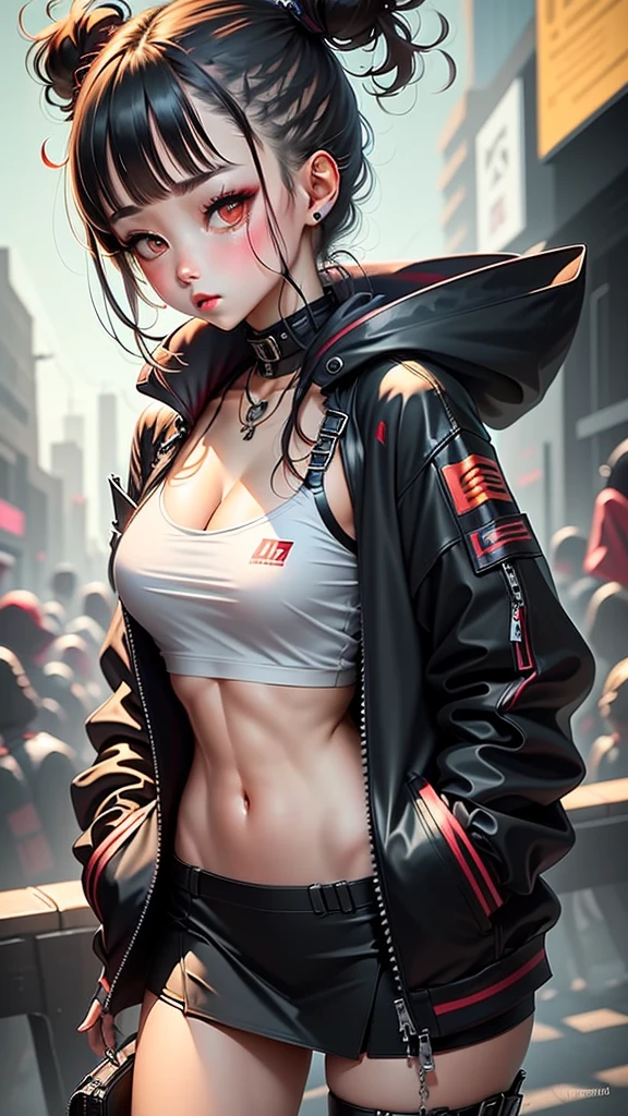 The character costume is KPOP, Hallyu, K-pop anime art style, Hallyu frontline style, Hallyu art style, kpop style, official artwork, Chibi art, Pisif, Blackpink style, cute. KPOP artwork in various poses, The popularity of Pisif art station, 16 year old chibi, No watermark, Extra close-fitting mini skirt, open jacket, extra short clear top Strapless, cleavage, style clothing cyberpunk, smallest short short, wide angle, short top, very short,
