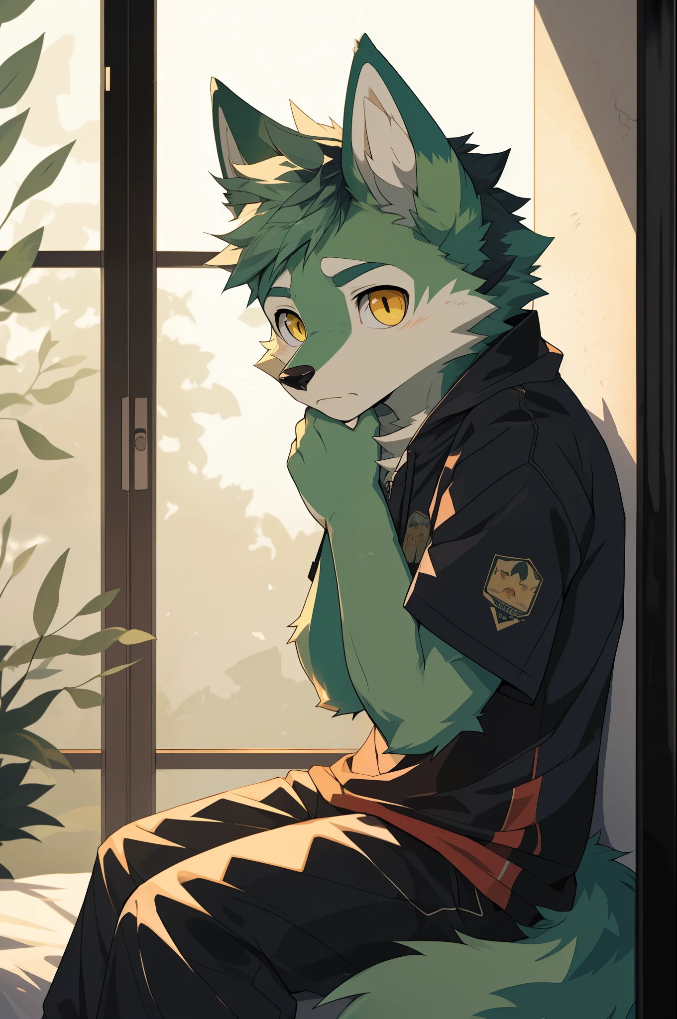 (highest resolution, Dynamic HDR, 4K, full HD) , furry, 18 years old, green fur wolf, green body, yellow eyes, Random clothes, round_cornea, sad face, cute, bedroom, slim_body, Sit against the wall.