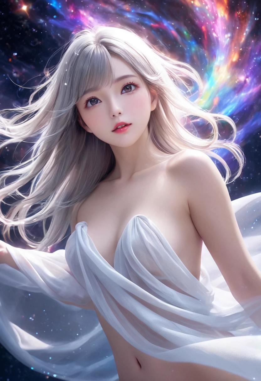 4K Ultra HD, masterpiece, A girl with a magical aura, Nice face, Long Hair, Shiny Hair, fine grain, Glossy Lips, ((Nude 1.5)), Aura around the body, Magical Effects, Spreading white light, Cosmic elements and ethereal atmosphere, A mix of bright lights and colorful nebulae, Space Background,,Whitening、Silver Hair、(((Naked and wrapped in white cloth 1.5)))、See-through 1.4,Hair and fabric blowing in the wind、Dynamic pose 1.5