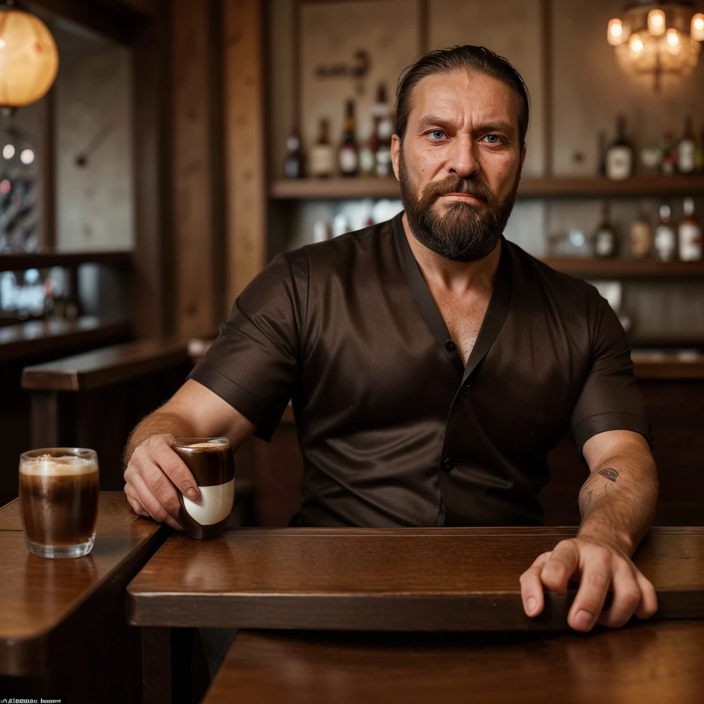 Man with a beard, short handsome formal clothes, evil face, in his 40s, robust, sitting in front of a table in a bar, drinking coffee and with a serious look, reflecting on something serious