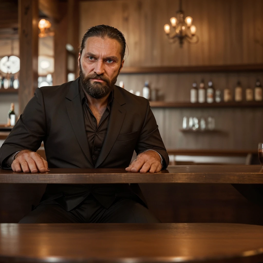 Man with a beard, short handsome formal clothes, evil face, in his 40s, robust, sitting in front of a table in a bar, drinking coffee and with a serious look, reflecting on something serious