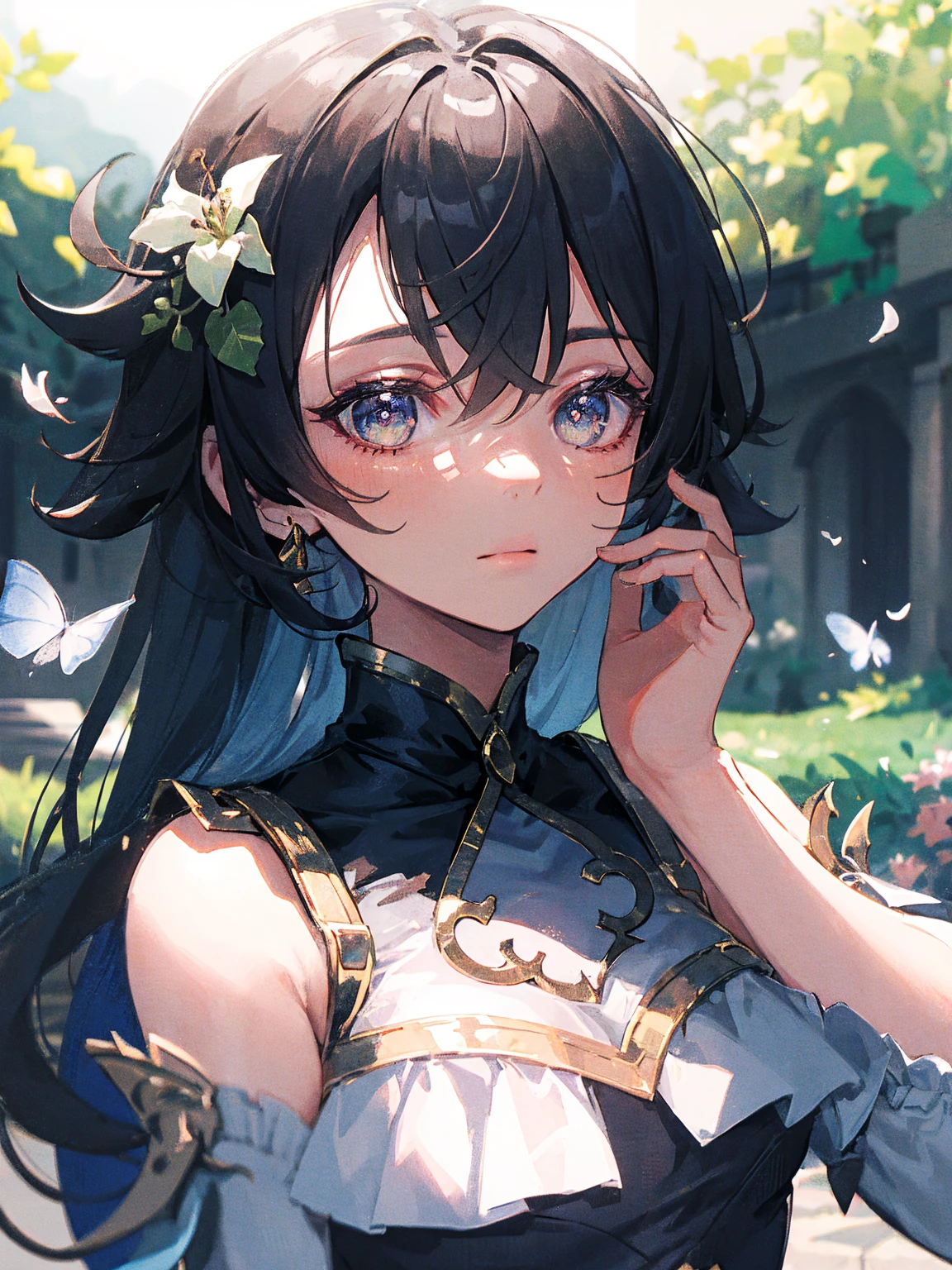 masterpice, (best quality), ((best detailed)), depth of field, a beautiful girl, beautiful face, nature, spirit, blossom, colorful landscape, flowers, butterflys, glowing dress, elements