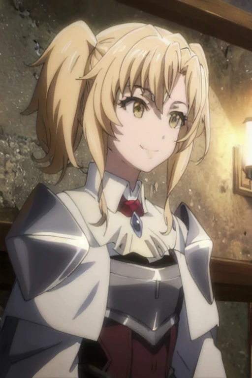 GoblinSlayer, NobleFencer, solo, girl1, smile, long sleeves, brown eyes, cape, armor, shoulder armor, portrait, red ascot, best quality