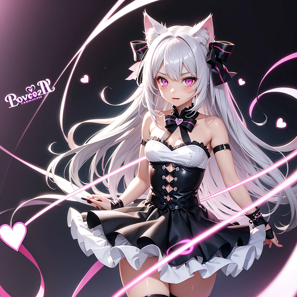 Silver hair, pink eyes, body, cat ears, cute girl, hair bow, heart fantasy background, skirt