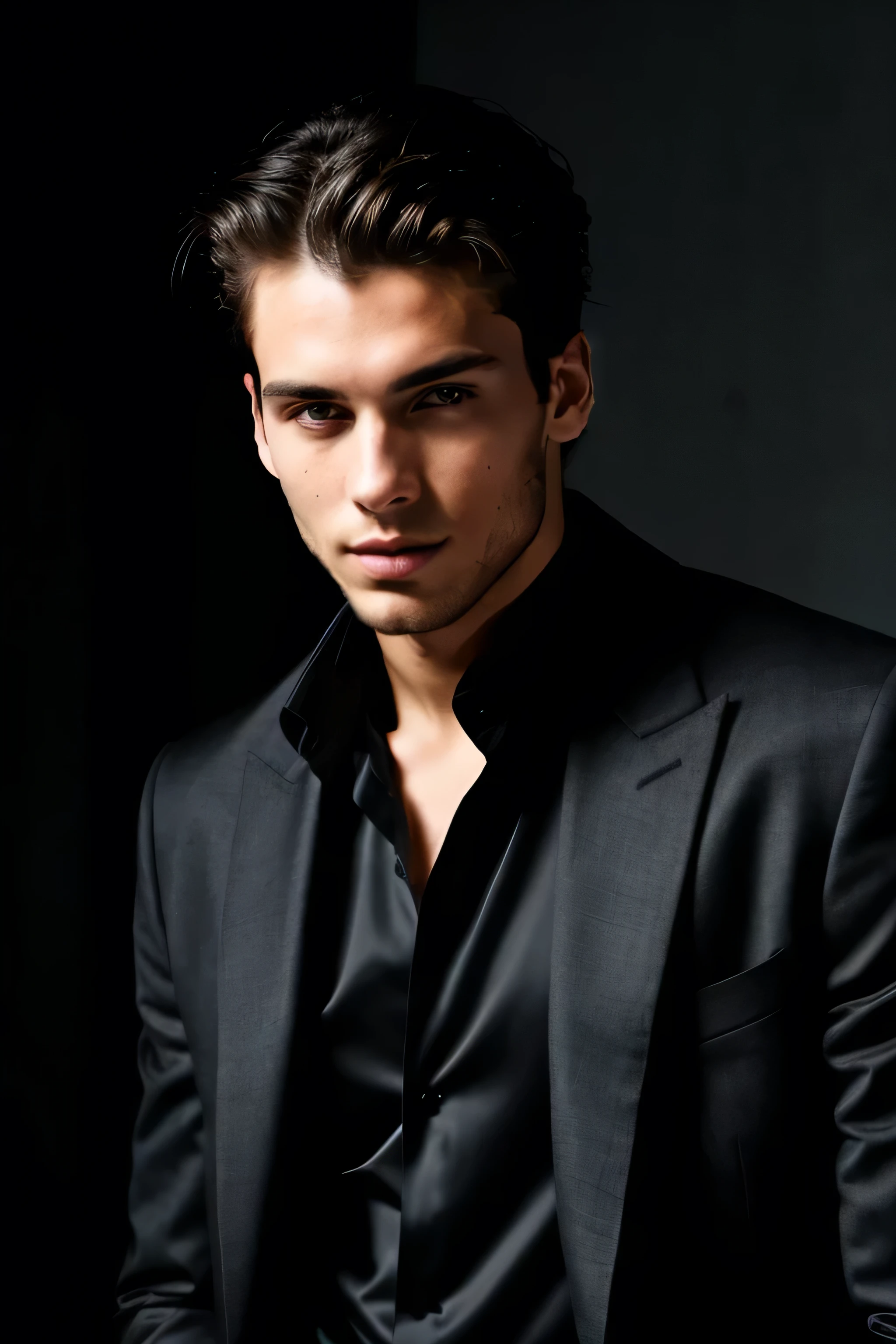 attractive male model in a dark theme, posing for a fashion magazine, elegant, shot of just his face, looking to the camera,
