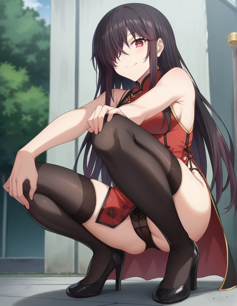 score_9, score_8_up, score_7_up, source_anime,
kurumitokisaki, kurumi tokisaki, long hair, black hair, red eyes, hair over one eye, smile,
Chinese cheongsam, red chi-pao, lift chi-pao, long black fishnet stockings, High heels,black lace underwear,
outside,lower viewing angle
looking at viewer, squat