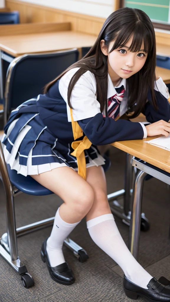 Close-up of a person in uniform sitting on a chair, ポーズをとるhigh school girl, かわいいhigh school girl, 現実的なhigh school girl, a hyper現実的なhigh school girl, hyper現実的なhigh school girl, clothing , Japanese School Uniform, wearing Japanese , Japanese girls uniform, Knee socks and skirt, wearing , high school girl