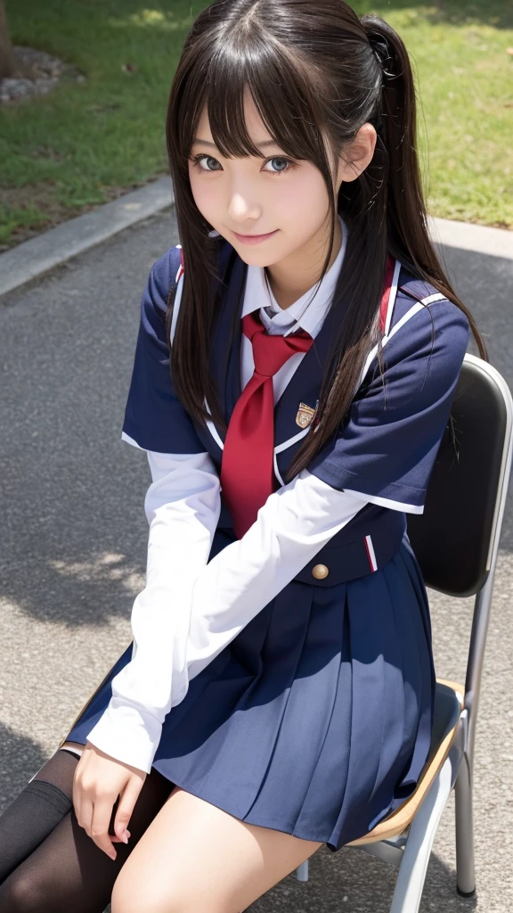 Close-up of a person in uniform sitting on a chair, ポーズをとるhigh school girl, かわいいhigh school girl, 現実的なhigh school girl, a hyper現実的なhigh school girl, hyper現実的なhigh school girl, clothing , Japanese School Uniform, wearing Japanese , Japanese girls uniform, Knee socks and skirt, wearing , high school girl