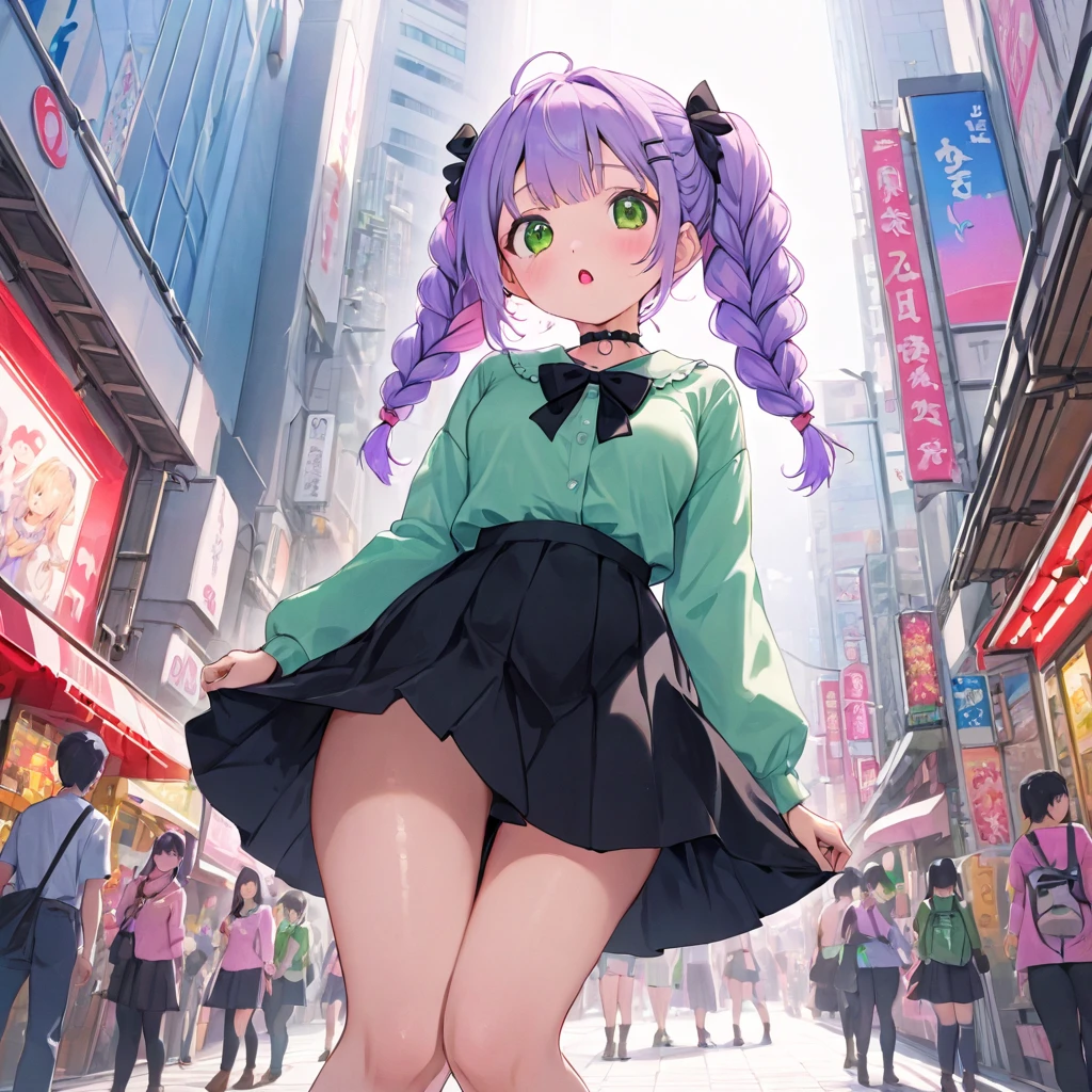 masterpiece, ultra detailed, 8K, solid blue Skyscrapers background, full body shot, Angle looking up from below.happy, a girl, kawaii, light atmosphere, mysterious atmosphere, (Cute a girl:1.5), (a girl with closs hair pin,pale purple hair,wavy two braids,bluntbangs hair,green and black eyes,
pink shirt,cosplay, jirai kei, bangs, black skirt, black bow, looking at viewer, bow, long sleeves, choker, ribbon,pink lips,Thick-soled boots,fullbody shot :1.4),boots focus,
(masterpiece:1.3), anime visual, (Lovey-dovey:1.5), (tilt head:1.3), extremely delicate face, soft clean focus, realistic lighting and shading, (an extremely delicate and beautiful art:1.3), elegant, (muted colors:1.1), small breast,slim,Sitting on a carry-on bag in Akihabara's pedestrian mall,morning lit,cowboy_shot,between_legs,from_below,(sweaty:1.3),saliva trail,(pussy juice:1.4),masturbation,drooling,tan,tanlines,twitching,female_orgasm,moaning,wet