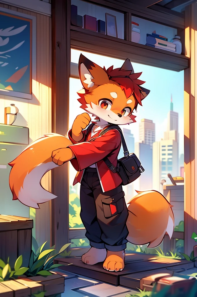 red,fox motif, boy, uniform,expensive,One person,Stand up on your own feet,背がexpensive,Cityscape,
