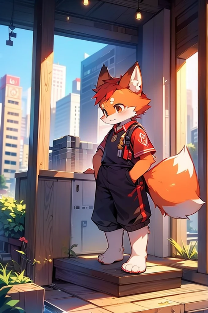 red,fox motif, boy, uniform,expensive，One person，Stand up on your own feet，背がexpensive，Cityscape，