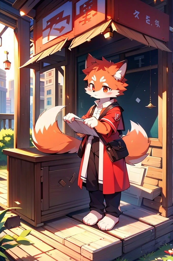 red,fox motif, boy, uniform,expensive，One person，Stand up on your own feet，背がexpensive，Cityscape，