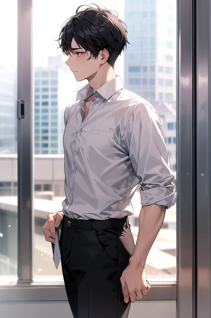 1boy, face focus, jacket, white shirt, black, pants, best quality, hires, detailed face, office, buildings from window, detailed background, diffused sunlight, depth of field, bokeh