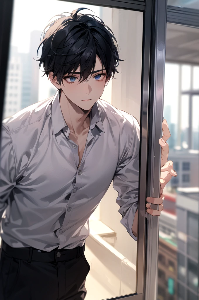 1boy, face focus, jacket, white shirt, black, pants, best quality, hires, detailed face, office, buildings from window, detailed background, diffused sunlight, depth of field, bokeh