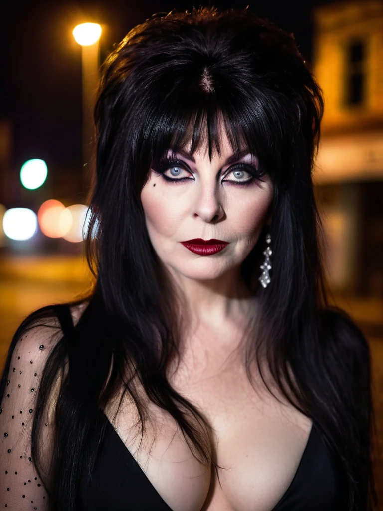 a fashion photo of a (beautiful elvira:1.2), (seductive gaze:1.2), standing on an abandoned street corner at night, wearing a black dress, telephoto photography, upper body close up, intricate detail, intricate skin, subtle freckles, intricate hair, bokeh, (atmosphere:1.2), (haze:1.3), soft ambient lighting