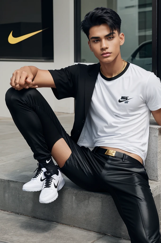 One boy 18+,he have jawline, he have black glass, he have gold, he have black pant, he have white shirt,he have nike shoes