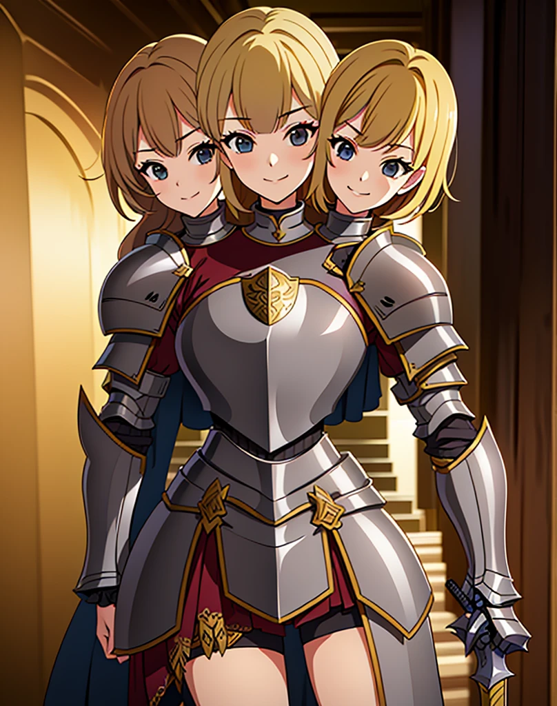 (masterpiece),(ultra-detailed), (high quality), (high resolution), (best quality:1.5, highres, UHD), highres, absurdo, ultra detail, ultra quality, (2heads:1.5), 1girl, ((golden blonde hair)), thighs, (gray armor), female warrior, (fully armored), (medieval outfit), (black eyes), armored chest piece, gorgeous female knight, Guild Clothes with Armor, Fantasyart:1.5, (1 Female Knight:1.5), Detailed and detailed depiction armor, (seductive smirk), detailed eyes, sword hilt