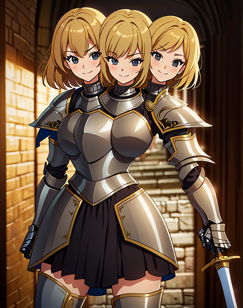 (masterpiece),(ultra-detailed), (high quality), (high resolution), (best quality:1.5, highres, UHD), highres, absurdo, ultra detail, ultra quality, (2heads:1.5), 1girl, ((golden blonde hair)), thighs, (gray armor), female warrior, (fully armored), (medieval outfit), (black eyes), armored chest piece, gorgeous female knight, Guild Clothes with Armor, Fantasyart:1.5, (1 Female Knight:1.5), Detailed and detailed depiction armor, (seductive smirk), detailed eyes, sword hilt