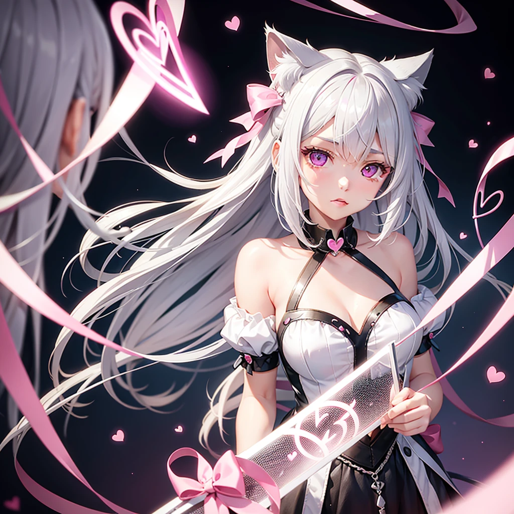 Silver hair, pink eyes, body, cat ears, cute girl, hair bow, heart fantasy background