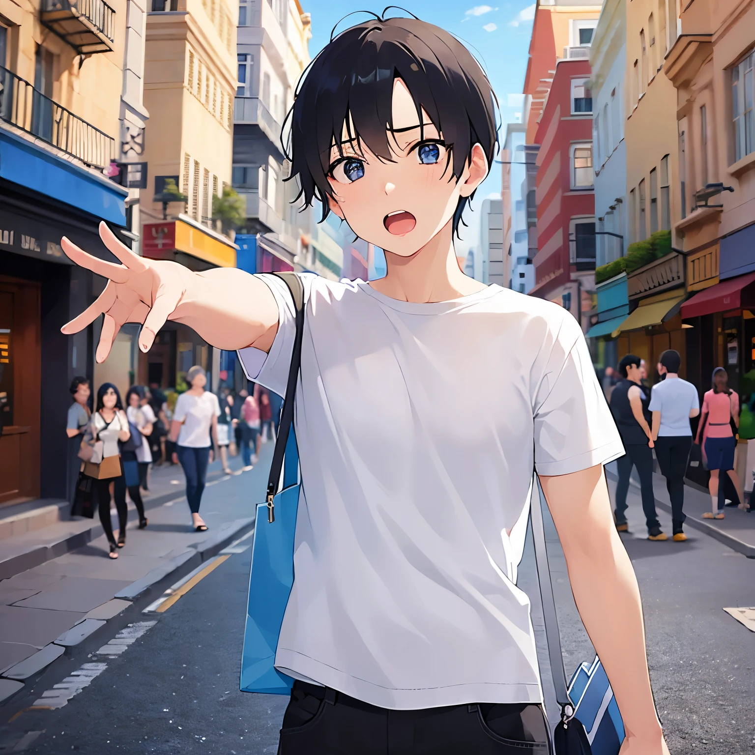 (outstretched arm:1.5), upper body、shiny skin, masterpiece、Highest quality、(25-year-old male:1.5) and (Black short hair) and (blue eyes), White T-shirt、Are standing、open mouth, (surprised:1.5)、The background is a shopping street、alone