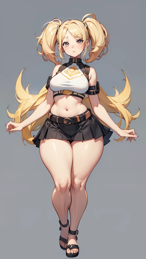 blank background, (((full body))), (masterpiece), ((best quality)), (very short girl), flat chest, short twintail, (wide hips:1.4), (thick thighs:1.5), (very short skirt), sandals, belt below navel, fanny packs, blonde