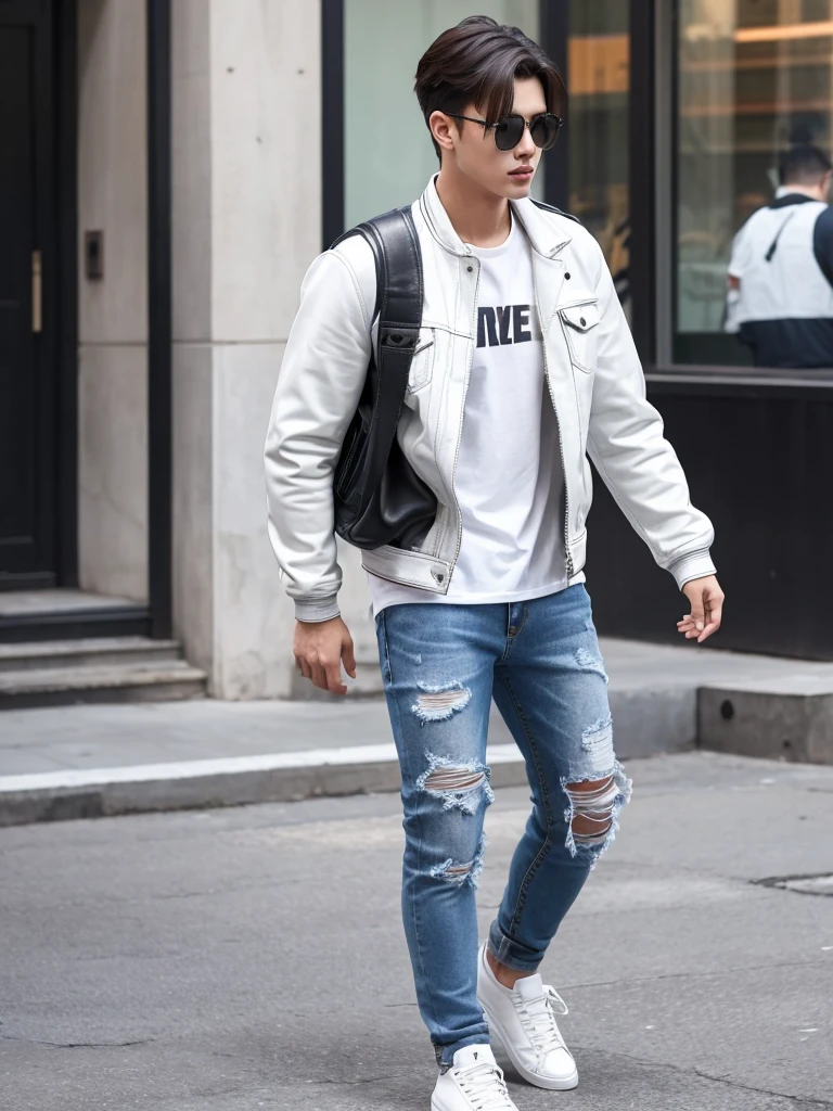 A handsome man in casual and stylish street fashion。Distressed jeans and white sneakers、Wearing a black leather jacket。Carrying a backpack on one's shoulder、Wearing sunglasses。Background is an urban street corner。