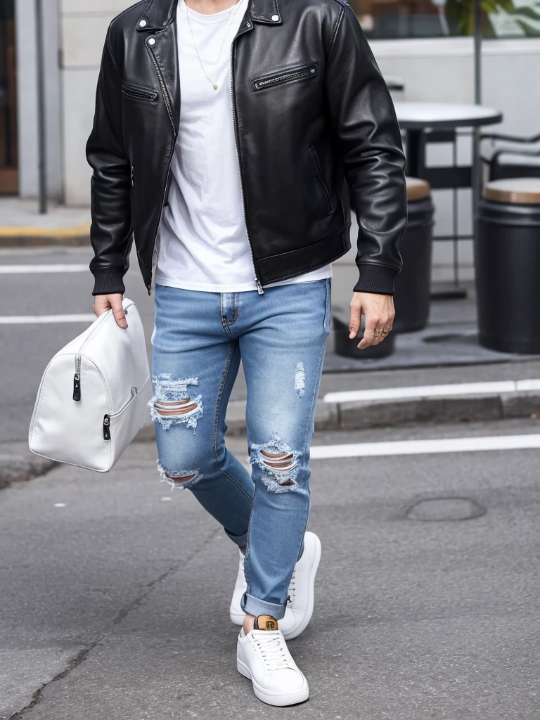 A handsome man in casual and stylish street fashion。Distressed jeans and white sneakers、Wearing a black leather jacket。Carrying a backpack on one's shoulder、Wearing sunglasses。Background is an urban street corner。