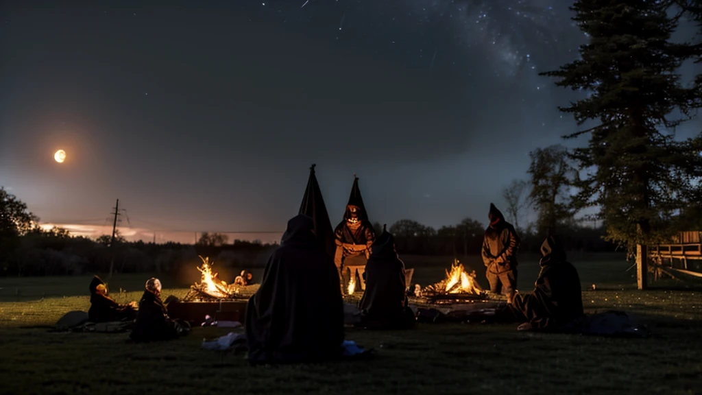 group of people in different positions doing a ((full body)) ritual facing upwards facing the camera, he has a black hood as if he belongs to a sect, he is performing a ritual, I don't know any features of his face, only the shadows of the black hood, the background is different every time, whether it is a place with poor lighting and abandoned or wooded places, ((it is already night)) you can see the moon, there is a bonfire and they have things that the people who own them occupy to the sects, full HD, 12k