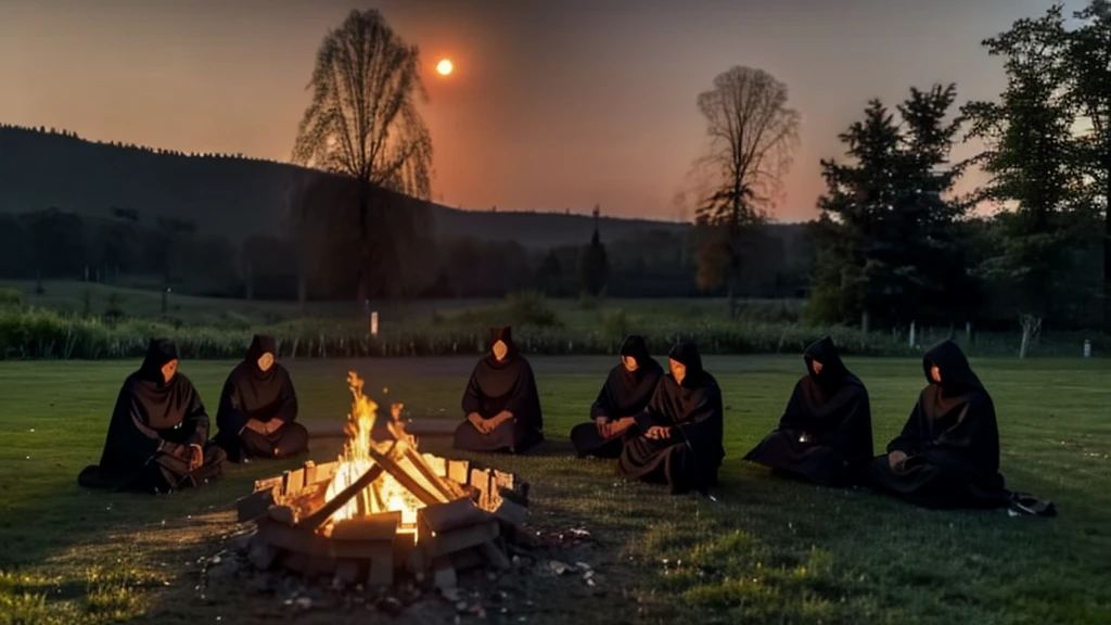 group of people in different positions doing a ((full body)) ritual facing upwards facing the camera, he has a black hood as if he belongs to a sect, he is performing a ritual, I don't know any features of his face, only the shadows of the black hood, the background is different every time, whether it is a place with poor lighting and abandoned or wooded places, ((it is already night)) you can see the moon, there is a bonfire and they have things that the people who own them occupy to the sects, full HD, 12k
