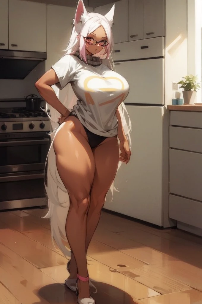 Tall girl with hot pink hair and light skin with cat ears wears a short black sweater and a short black skirt and black stockings on her legs with big breasts and wide hips and wears glasses and has a cat tail pink and a tender expression.
